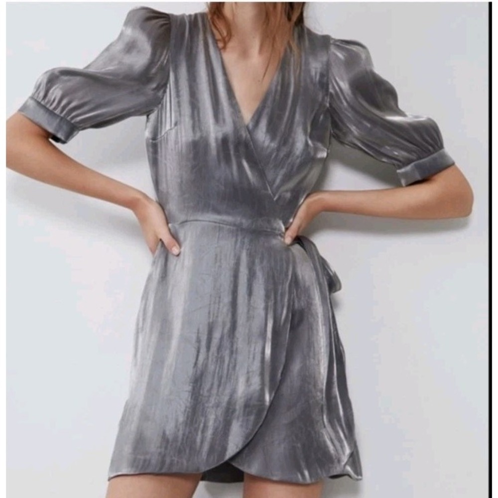 Zara Small Women's Wrap Metallic Puff Sleeves‎ Dress Holiday New Year's Cocktail